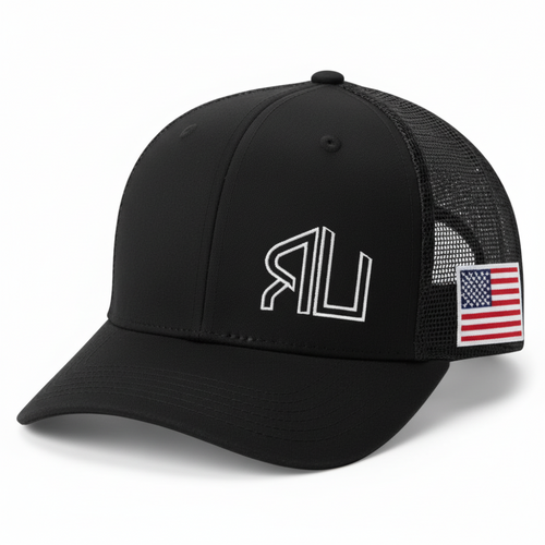 Black hat with white RU and US flag